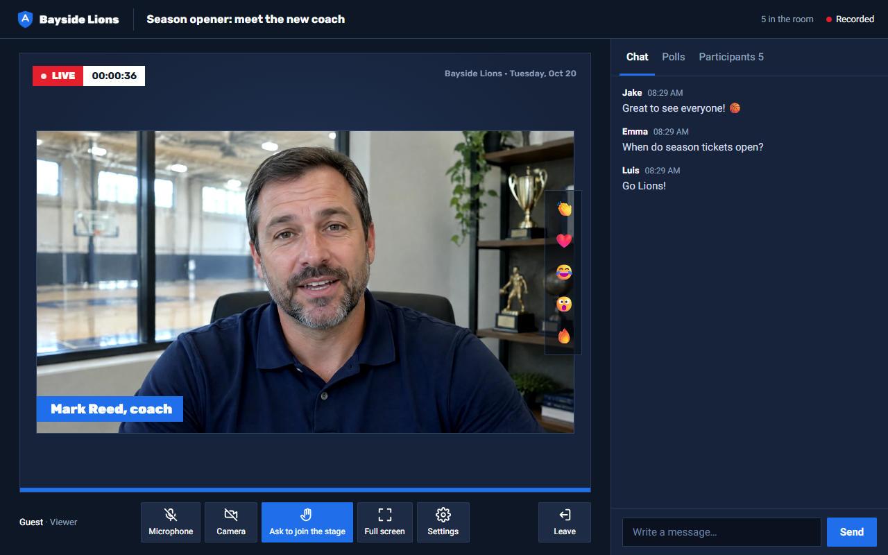 A live webinar in the Kolcast room, with the organisation’s own logo and colour