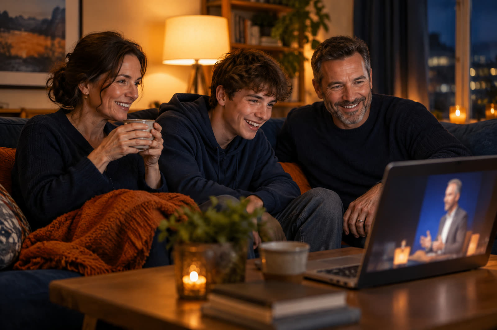 A family watching a webinar together on a laptop